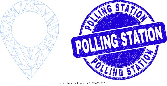 Web mesh map marker pictogram and Polling Station watermark. Blue vector round textured stamp with Polling Station message. Abstract carcass mesh polygonal model created from map marker pictogram.