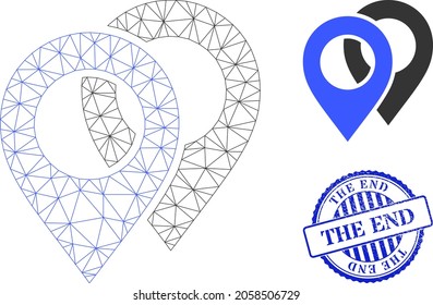 Web mesh map markers vector icon, and blue round THE END rubber badge. THE END stamp seal uses round form and blue color. Flat 2d carcass created from map markers icon.