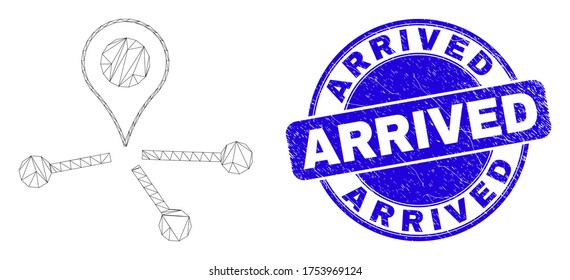 Web mesh map pointer links pictogram and Arrived seal. Blue vector round distress seal stamp with Arrived title. Abstract carcass mesh polygonal model created from map pointer links pictogram.