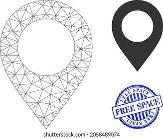 Web mesh map pointer vector icon, and blue round FREE SPACE rough stamp imitation. FREE SPACE stamp seal uses round form and blue color. Flat 2d model created from map pointer icon.