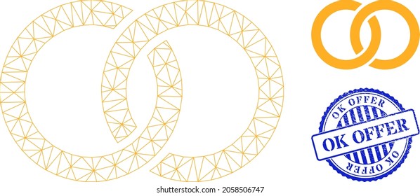 Web mesh marriage rings vector icon, and blue round OK OFFER rough rubber print. OK OFFER seal uses round shape and blue color. Flat 2d carcass created from marriage rings icon.