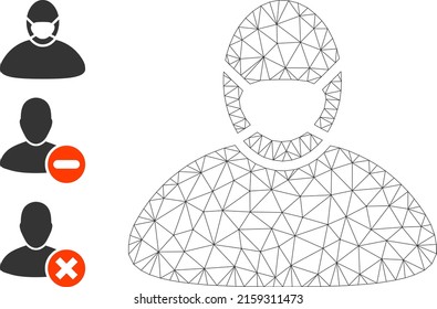 Web mesh masked man vector icon, and source icons. Flat 2d carcass created from masked man pictogram. Abstract carcass mesh polygonal masked man. Linear frame 2D mesh in eps vector format,