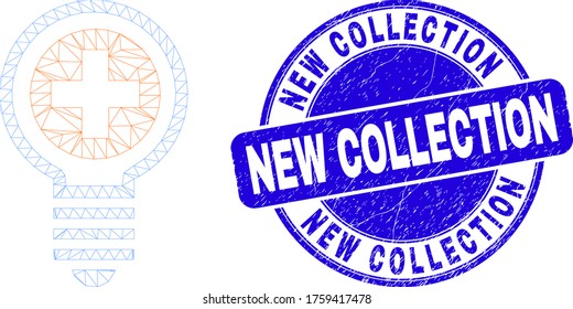 Web mesh medical bulb icon and New Collection seal stamp. Blue vector round scratched seal with New Collection text. Abstract carcass mesh polygonal model created from medical bulb icon.