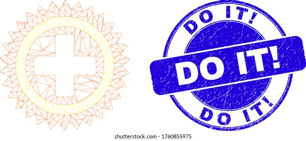 Web mesh medical cross pictogram and Do It! stamp. Blue vector round textured stamp with Do It! text. Abstract carcass mesh polygonal model created from medical cross pictogram.