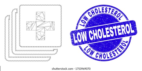 Web-Mesh-Piktogramm für medizinische Daten und Siegel mit niedrigem Cholesterin-Siegel. Blauer, abgerundeter Grunge-Stempel mit Low-Cholesterin-Text. Abstraktes Polygonalmodell aus dem Piktogramm für medizinische Daten.