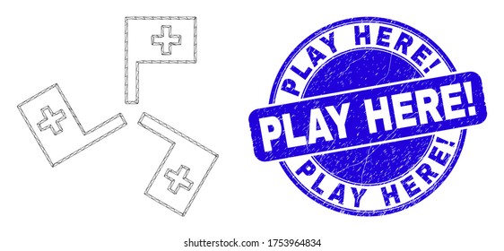 Web-Mesh medizinischen Flaggen Symbol und spielen Sie hier! Wasserzeichen. Blaue Vektorgrafik abgerundete Robbe mit Play Here! Bildunterschrift. Abstraktes polygonales Schlachtkörpermodell, das aus dem Symbol für medizinische Fahnen entsteht.