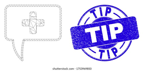 Web mesh medical message hint pictogram and Tip watermark. Blue vector round textured watermark with Tip phrase. Abstract carcass mesh polygonal model created from medical message hint pictogram.