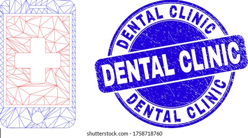 Web mesh medical mobile app icon and Dental Clinic seal stamp. Blue vector rounded scratched seal with Dental Clinic message.