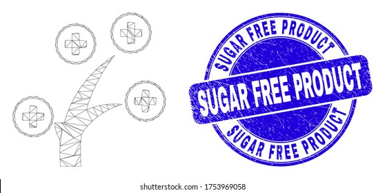 Web mesh medical tree icon and Sugar Free Product watermark. Blue vector round distress watermark with Sugar Free Product phrase. Abstract carcass mesh polygonal model created from medical tree icon.