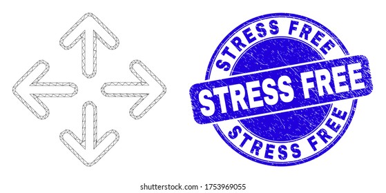 Icono de flechas de punto de encuentro de malla web y sello de sello de sello libre de estrés. Sello de sello de sello texturizado de vector azul con leyenda "Free Stress".