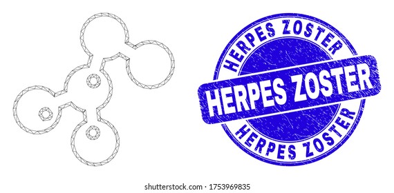 Web Mesh Microbes Icon And Herpes Zoster Watermark. Blue Vector Round Distress Watermark With Herpes Zoster Phrase. Abstract Frame Mesh Polygonal Model Created From Microbes Pictogram.