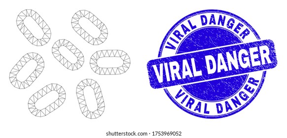 Pictograma de microbios de malla web y sello de sellado de peligro viral. Sello de sello de sellado de grano redondeado vector azul con texto de peligro viral. Resumen modelo poligonal de malla de la canal creado a partir del pictograma de microbios.