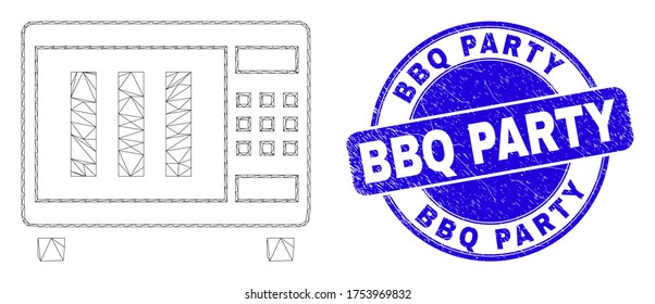 Web mesh microwave oven pictogram and BBQ Party seal stamp. Blue vector round distress seal with BBQ Party title. Abstract carcass mesh polygonal model created from microwave oven pictogram.