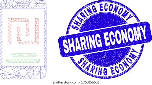 Web mesh mobile shekel account icon and Sharing Economy seal stamp. Blue vector rounded textured seal stamp with Sharing Economy title.