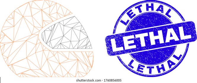 Web mesh motorcycle helmet icon and Lethal seal stamp. Blue vector rounded textured stamp with Lethal text. Abstract carcass mesh polygonal model created from motorcycle helmet icon.