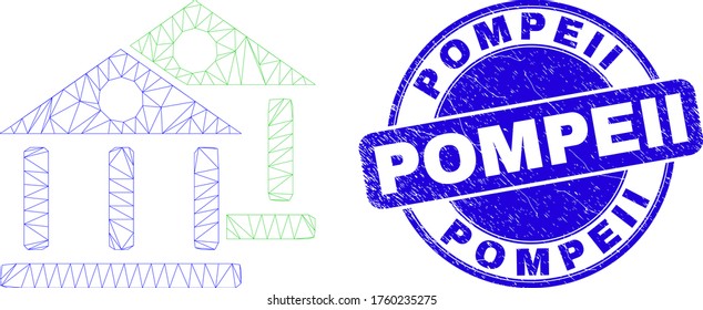Web mesh museum buildings icon and Pompeii seal stamp. Blue vector rounded distress stamp with Pompeii title. Abstract frame mesh polygonal model created from museum buildings pictogram.