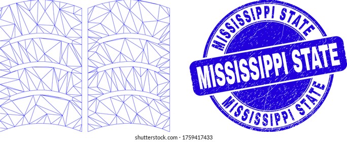 Web mesh open book icon and Mississippi State stamp. Blue vector round textured seal stamp with Mississippi State text. Abstract frame mesh polygonal model created from open book icon.