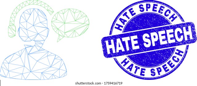 Web mesh operator message pictogram and Hate Speech seal stamp. Blue vector rounded grunge seal stamp with Hate Speech title.