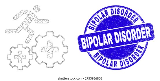 Web mesh patient run over gears icon and Bipolar Disorder watermark. Blue vector round grunge watermark with Bipolar Disorder title.
