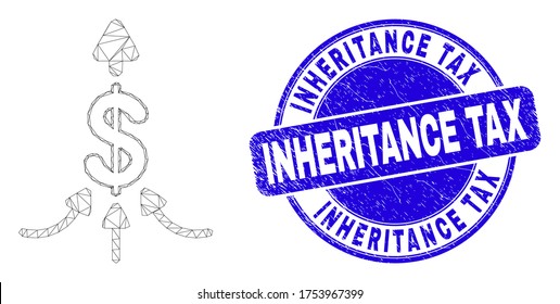 Web mesh payment aggregator icon and Inheritance Tax stamp. Blue vector rounded textured stamp with Inheritance Tax phrase. Abstract carcass mesh polygonal model created from payment aggregator icon.