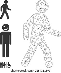 Web mesh pedestrian man vector icon, and original icons. Flat 2d model created from pedestrian man pictogram. Abstract carcass mesh polygonal pedestrian man.