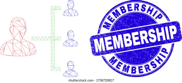 Web mesh people hierarchy pictogram and Membership watermark. Blue vector round grunge watermark with Membership phrase. Abstract frame mesh polygonal model created from people hierarchy pictogram.