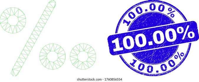 Web mesh per mille symbol icon and 100.00% watermark. Blue vector round scratched watermark with 100.00% phrase. Abstract frame mesh polygonal model created from per mille symbol icon.