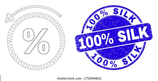Web mesh percent back pictogram and 100% Silk seal stamp. Blue vector round distress stamp with 100% Silk message. Abstract frame mesh polygonal model created from percent back pictogram.