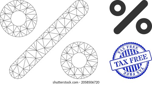 Web mesh percent vector icon, and blue round TAX FREE unclean watermark. TAX FREE watermark uses round shape and blue color. Flat 2d carcass created from percent icon.