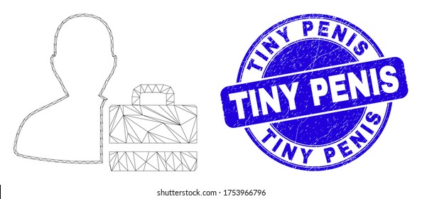 Web-Mesh-Gehäuse Symbol und Tiny Penis Siegel Stempel. Blauer, abgerundeter Kräutersiegel mit Tiny Penis-Nachricht. Abstraktes Polygonalmodell aus dem Personenfallsymbol.