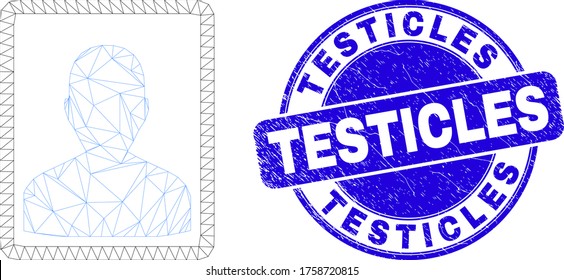 Web mesh person portrait pictogram and Testicles stamp. Blue vector round textured stamp with Testicles phrase. Abstract frame mesh polygonal model created from person portrait pictogram.