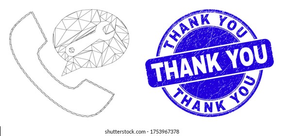 Web mesh phone service message icon and Thank You stamp. Blue vector rounded grunge stamp with Thank You phrase. Abstract frame mesh polygonal model created from phone service message icon.