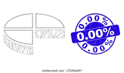 Web mesh pie chart pictogram and 0.00% stamp. Blue vector round grunge stamp with 0.00% message. Abstract carcass mesh polygonal model created from pie chart pictogram.