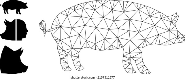 Web mesh pig vector icon, and original icons. Flat 2d carcass created from pig pictogram. Abstract carcass mesh polygonal pig. Wire carcass 2D mesh in vector EPS format, on a white background.