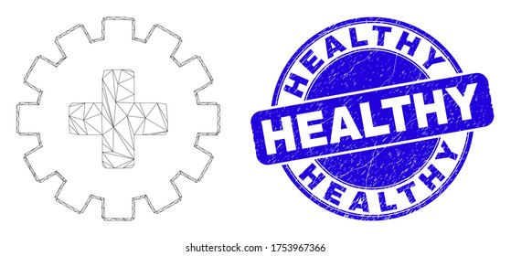 Web mesh plus gear icon and Healthy seal stamp. Blue vector round scratched seal stamp with Healthy phrase. Abstract frame mesh polygonal model created from plus gear icon.