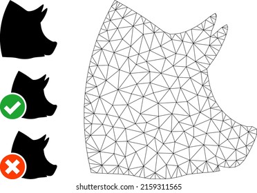 Web mesh pork head vector icon, and source icons. Flat 2d carcass created from pork head pictogram. Abstract carcass mesh polygonal pork head. Linear carcass flat network in vector format,