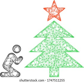 Malla web reza al icono del vector del árbol de navidad. Caracas planas de 2d creadas a partir de rezar hasta el pictograma del árbol de navidad. Resumen de malla de marco poligonal rezar al árbol de navidad.