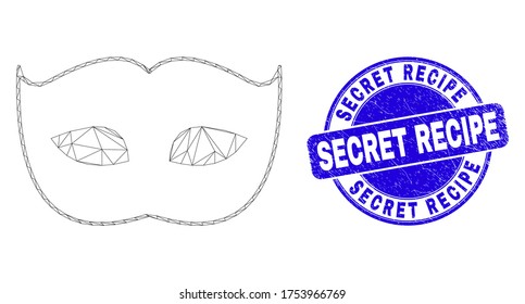 Icono de máscara privada de malla web y sello de sello de receta secreta. Sello de peligro circular de vector azul con frase de receta secreta. Resumen modelo poligonal de malla de canal creado a partir del icono de máscara privada.