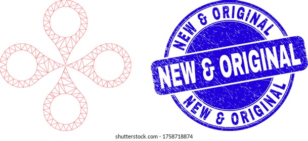 Web mesh quadrocopter pictogram and New & Original seal stamp. Blue vector rounded grunge seal stamp with New & Original phrase.