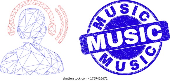 Pictograma de auriculares con micrófono de operador de radio de malla web y sello de música. Sello rayado de vector azul con frase musical. Resumen modelo poligonal de malla de canal creado a partir del icono de auriculares con micrófono del operador de radio.