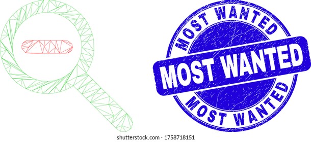 Web mesh reduce scale icon and Most Wanted seal stamp. Blue vector rounded distress seal stamp with Most Wanted text. Abstract carcass mesh polygonal model created from reduce scale icon.