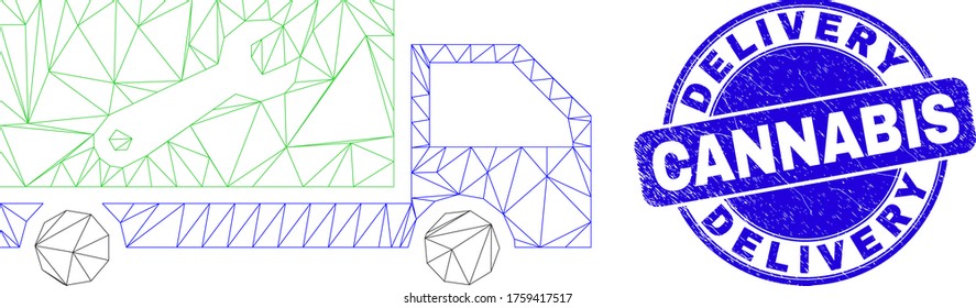 Web mesh repair lorry pictogram and Delivery Cannabis seal stamp. Blue vector rounded scratched seal with Delivery Cannabis title. Abstract carcass mesh polygonal model created from repair lorry icon.