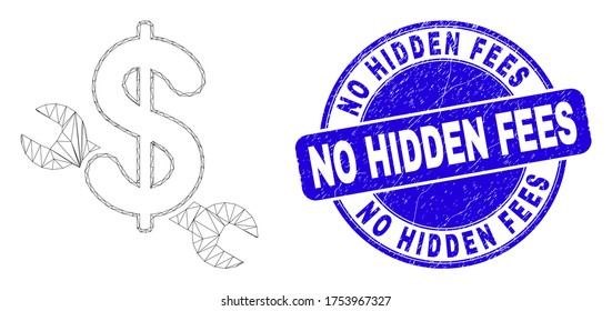 Web mesh repair price icon and No Hidden Fees seal. Blue vector round scratched seal stamp with No Hidden Fees message. Abstract carcass mesh polygonal model created from repair price icon.
