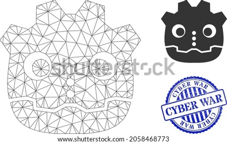 Web mesh robot head vector icon, and blue round CYBER WAR dirty stamp seal. CYBER WAR imprint uses round form and blue color. Flat 2d carcass created from robot head icon.