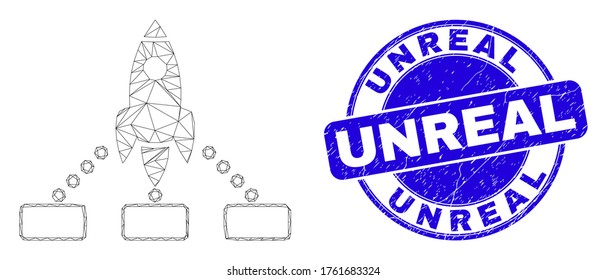 Web mesh rocket links icon and Unreal seal stamp. Blue vector round grunge stamp with Unreal caption. Abstract mesh polygonal model created from rocket links icon.