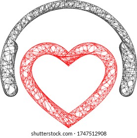 Web mesh romantic dj headphones vector icon. Flat 2d carcass created from romantic dj headphones pictogram. Abstract carcass mesh polygonal romantic dj headphones.