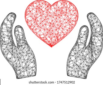 Malla web romántica de las manos de cuidado del corazón icono vector. Cáscaras planas 2d creadas a partir del pictograma de manos románticas para el cuidado del corazón. Resumen de malla de marco poligonal romántico de las manos para el cuidado del corazón.