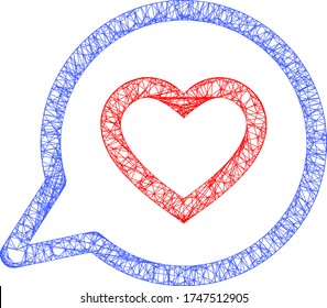 Icono vectorial de mensaje de corazón romántico de malla web. Modelo plano 2d creado a partir de un pictograma romántico de mensaje cardíaco. Resumen de malla de marco de malla mensaje de corazón romántico poligonal. Malla 2D del marco de cables en formato EPS vectorial,