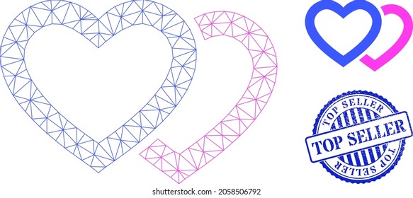 Web mesh romantic hearts vector icon, and blue round TOP SELLER corroded stamp seal. TOP SELLER stamp seal uses round form and blue color. Flat 2d carcass created from romantic hearts icon.