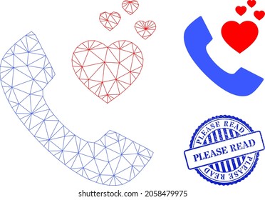 Web mesh romantic phone vector icon, and blue round PLEASE READ scratched stamp. PLEASE READ stamp uses round form and blue color. Flat 2d model created from romantic phone icon.